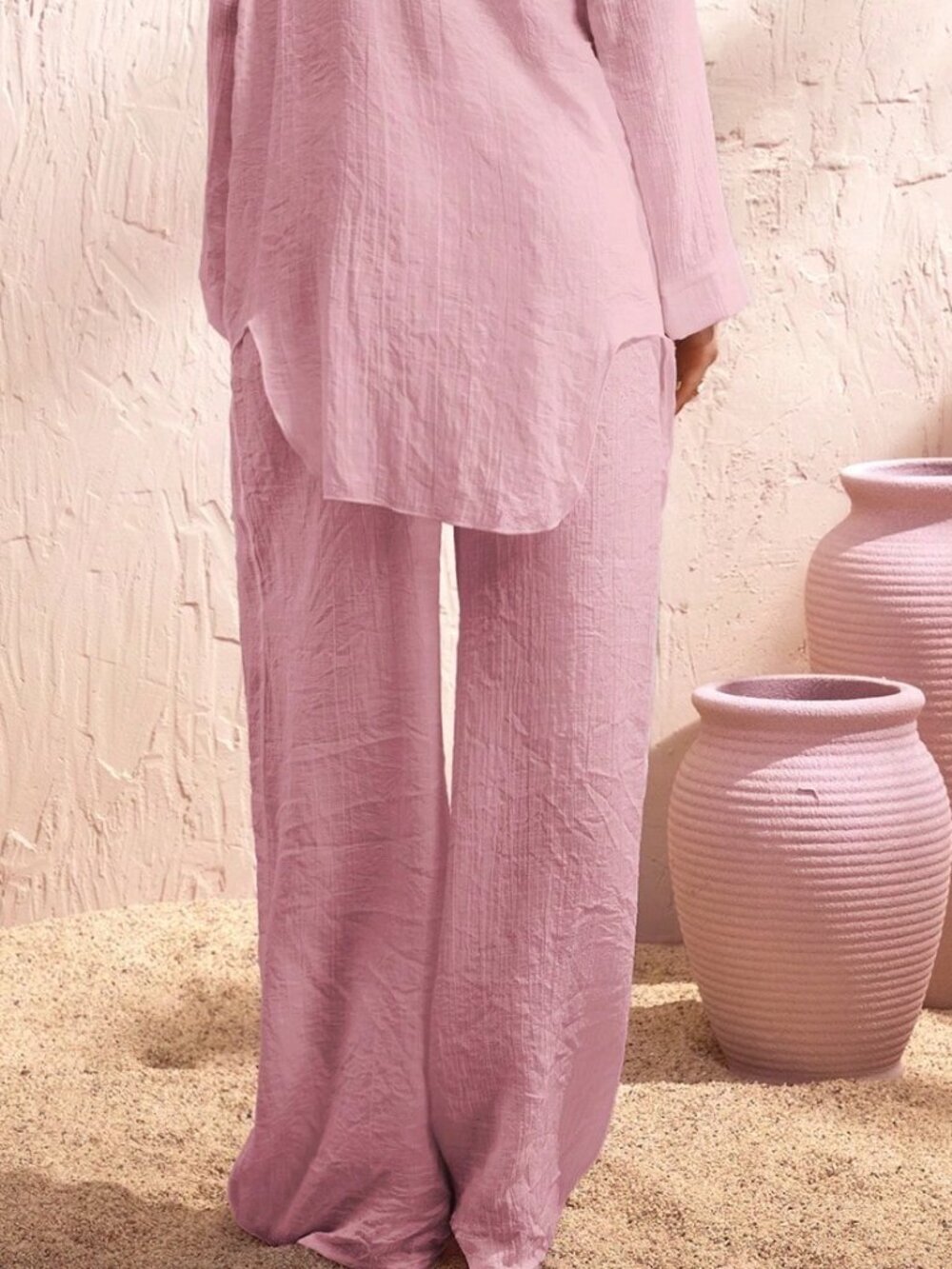 Baby Pink Women's Beach Drawstring Wide Leg Pants - Picture 2 of 5